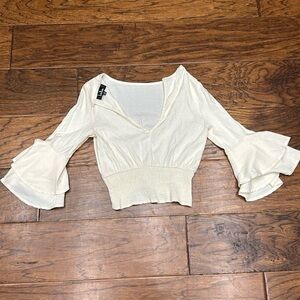 Lulus cropped bell sleeve open v neck blouse